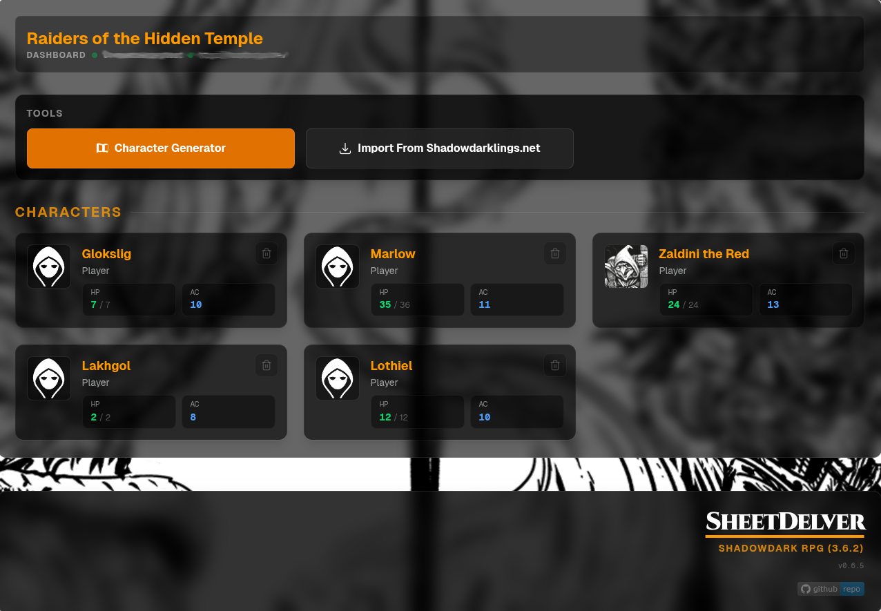 SheetDelver dashboard with characters and game tools